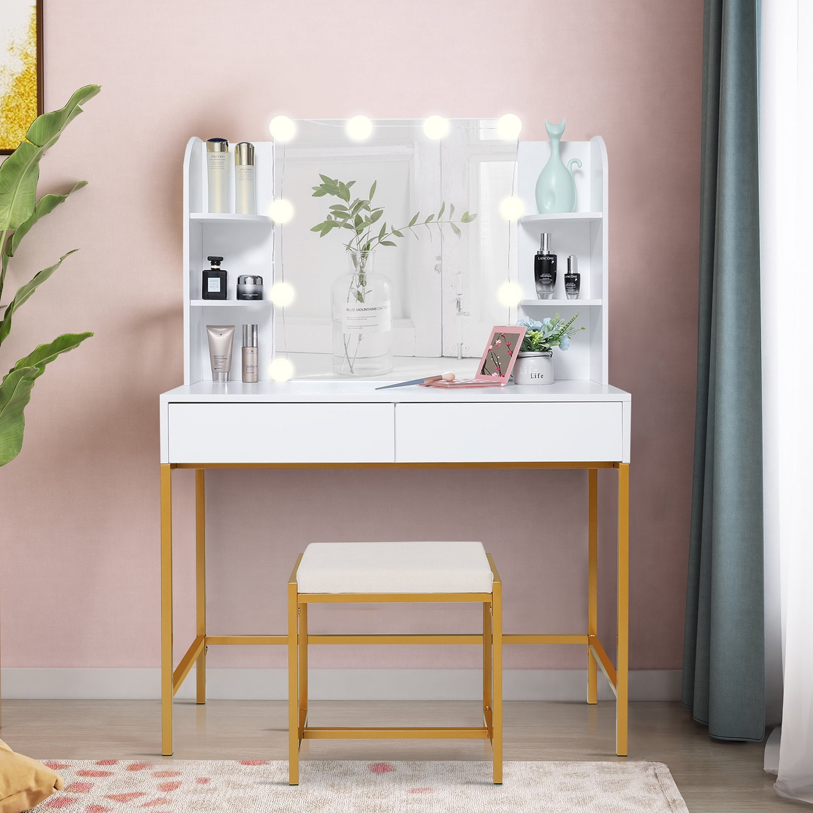 USIKEY Vanity Table Set with 10 Light Bulbs, Makeup Table with 4 