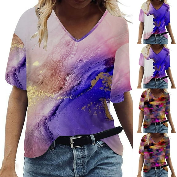 Fesfesfes Women Plus Size Short Sleeve Tops for Women Fashion Summer Fold Printed Regular Women Short Sleeves V Neck Button Top Women Graphic Tshirt 3XL(US:14)