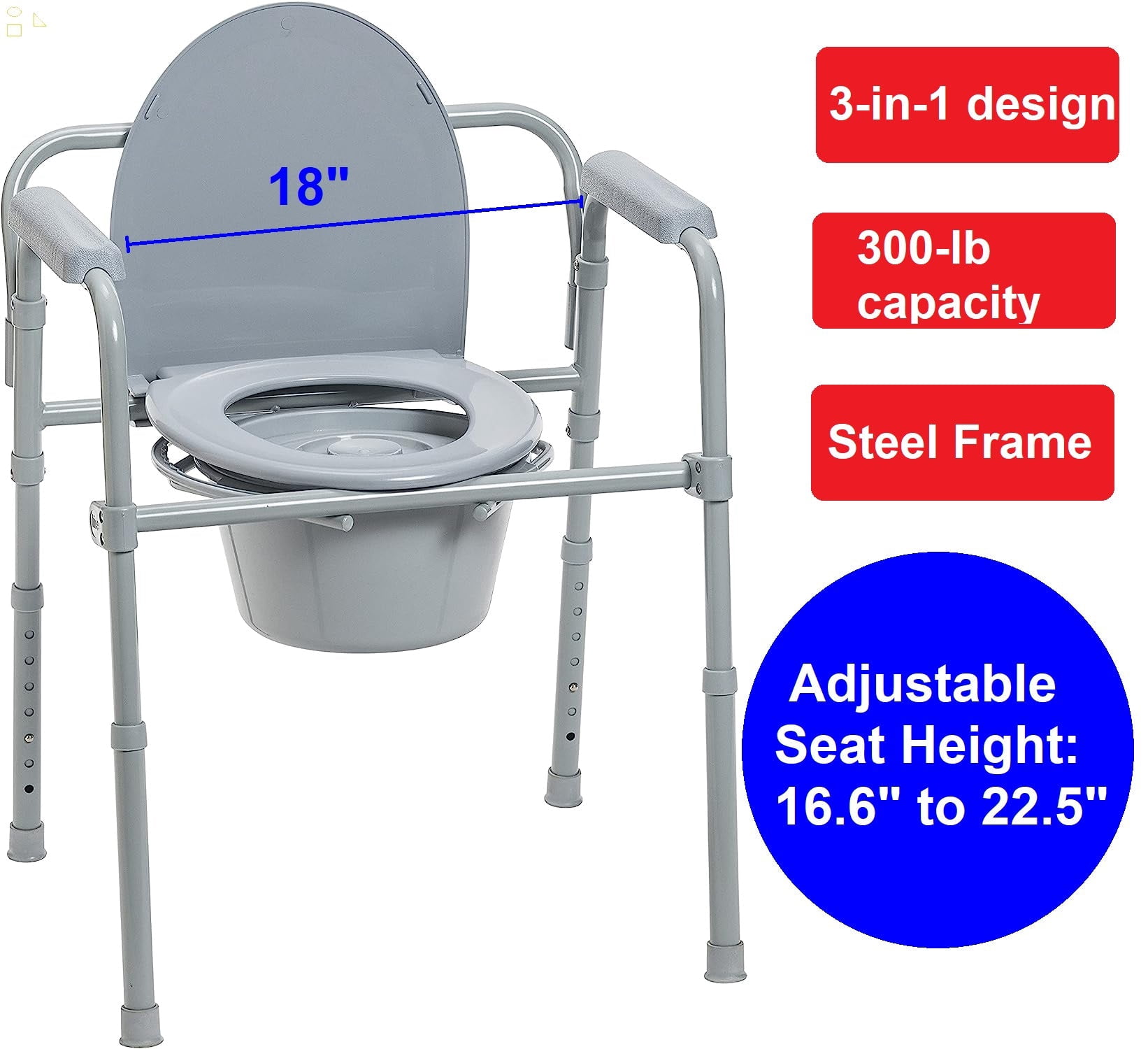 3in1 Portable Folding Steel Frame Commode Chair, Portable Bedside