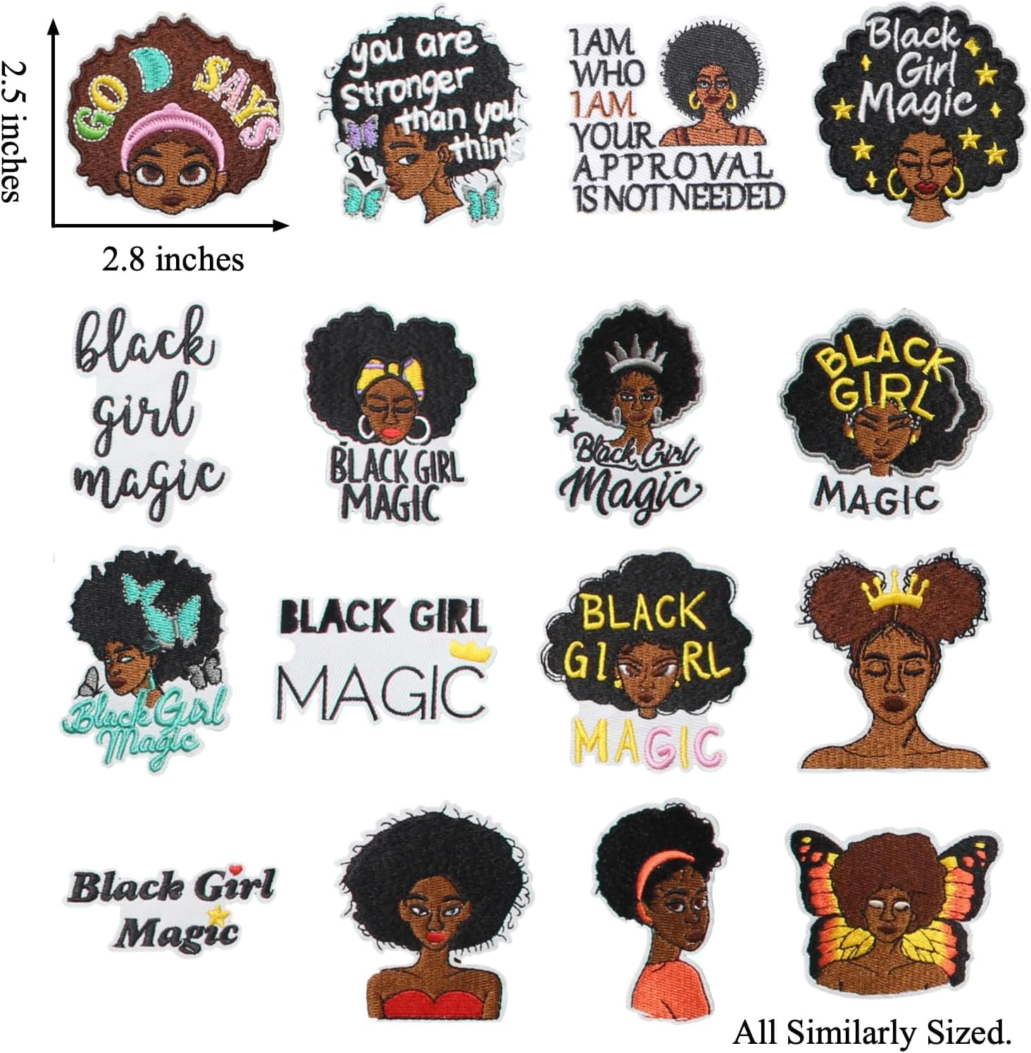 16PCS Black Girl Magic Iron on Patches, Cool Afro Girl Embroidered Repair Patches for Clothes, Custom Queen Applique for Hats, Jeans, Jackets, Bags, Backpacks, Dress, Shoes