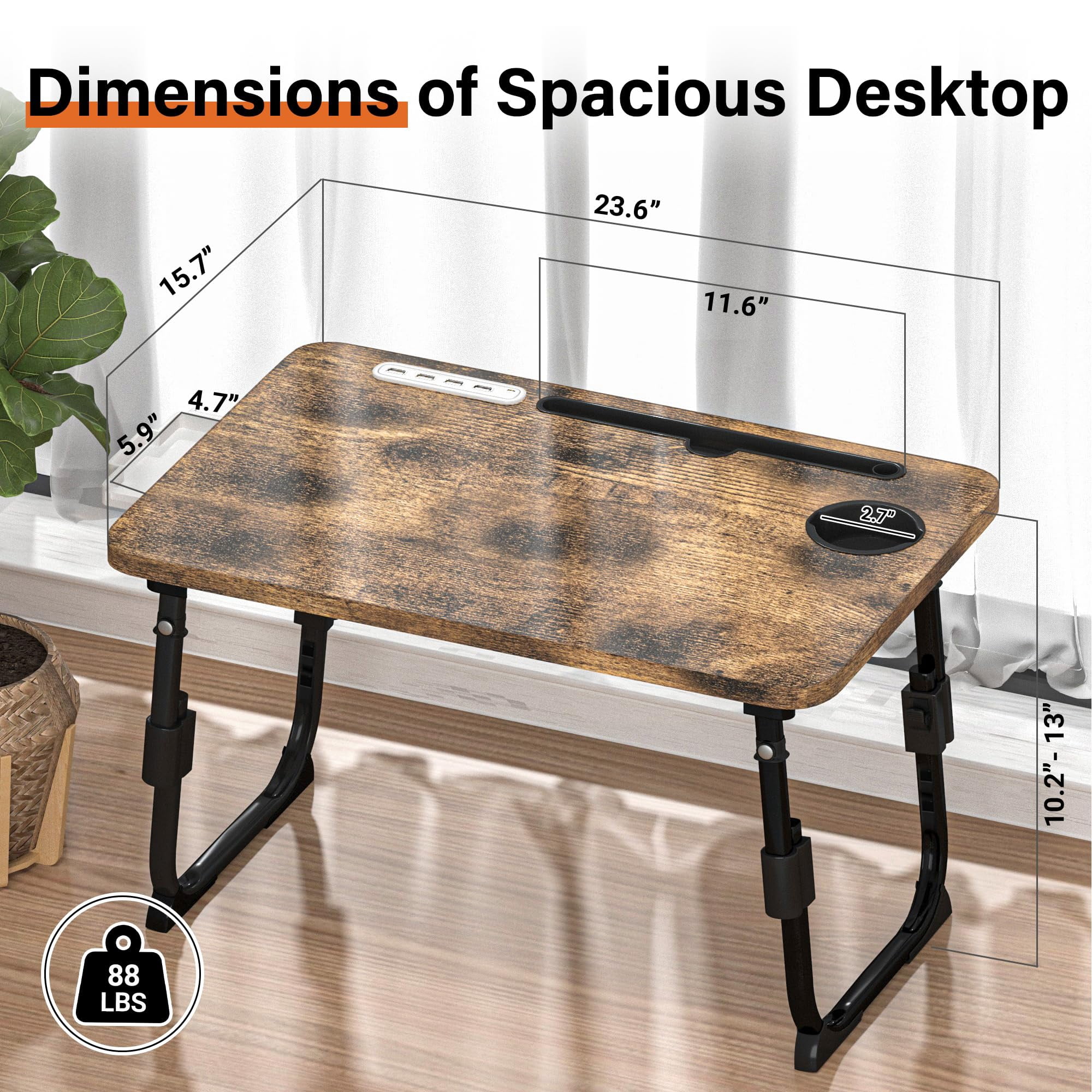 Laptop Desk For Bed Height Adjustable  Lap Table With Usb/storage Drawer/cup Holder/tablet Stand/book Shelf Foldable Breakfast Tray Portable Reading Writing Sofa & Floor Carbonized