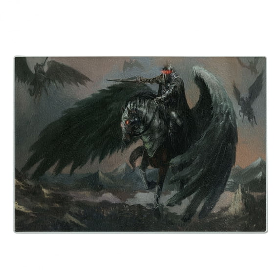 Fantasy World Cutting Board, Pegasus King Leading in the Dark Ages Imaginary Magic Story Art Print, Decorative Tempered Glass Cutting and Serving Board, Small Size, Black Brown, by Ambesonne