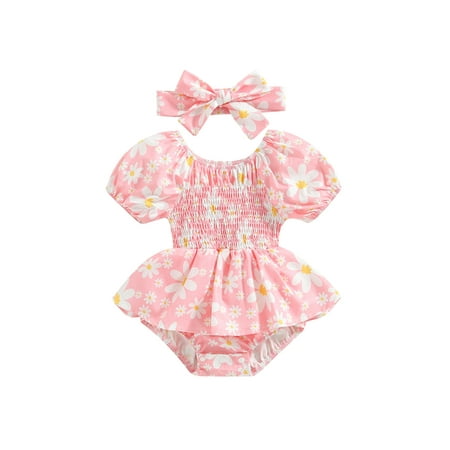 

MissiMae Infant Baby Girls Romper Dress Floral Print Round Neck Short Sleeve Skirts Hem Jumpsuits Summer Bodysuits with Headband 0-18M