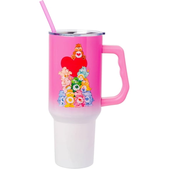 Silver Buffalo Care Bears Watercolor Heart Ombre Stainless Steel Tumbler with Handle and Straw, Fits in Standard Cup Holder, 40 Ounces