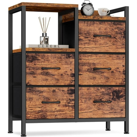 Furnulem Industrial Dresser for Bedroom, Small Storage Unit Organizer with 5 Fabric Drawers and 2-Tier Side Shelves, End Table/Nightstand for Bedside, Nursery, Living Room, Dorm, Hallway