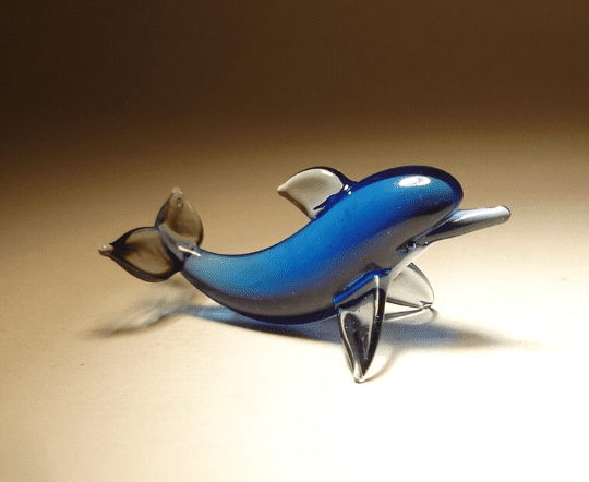 Blue Dolphin Ball Base Figurine Fish Hand Blown Glass Mini Collect Home Decor 