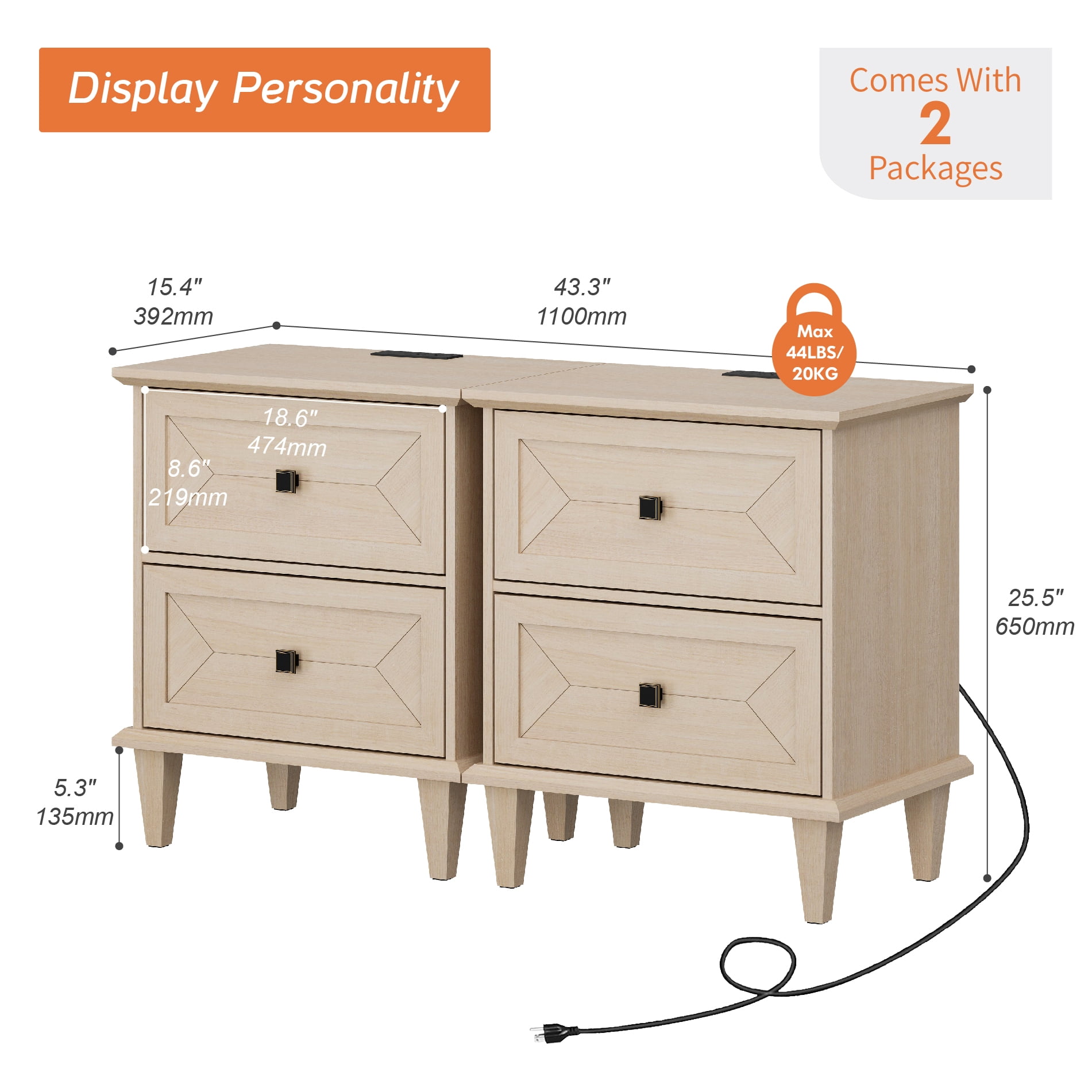 WAMPAT Set of 2 Nightstands with Charging Station, Modern Farmhouse Bedside Tables with Storage Drawers & Solid Wood Legs, Beige Side Tables for Bedroom, Light Beige