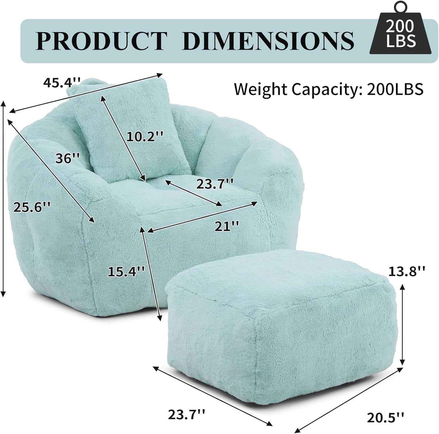 Giant Bean Bag Chair with Footstool for Adults and Kids, Faux Fur Upholstered Beanbag Chair with Shell-Shaped Design, Comfy Bean Bag Sofa with Pillow and Footstool, Floor Sofa Chair for Bedroom,Blue