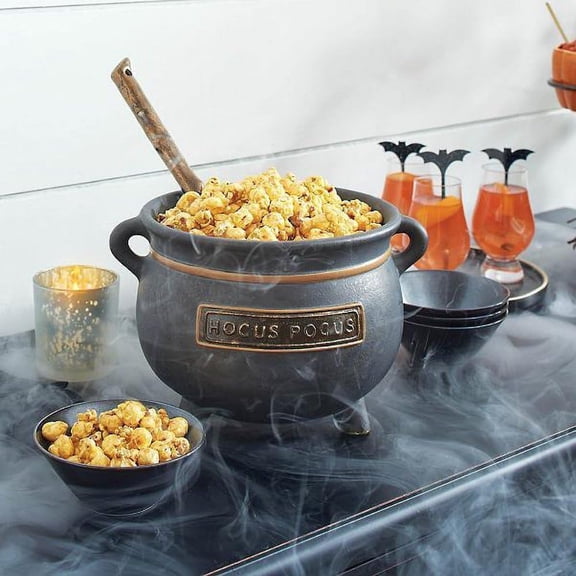 MInHoues Witch Cauldron Bowl with Wooden Spoon, Vintage Themed Black Cauldron Decor Bowl, Spooky Halloween Party Table Storage Bowl for Home Kitchen Counter Display