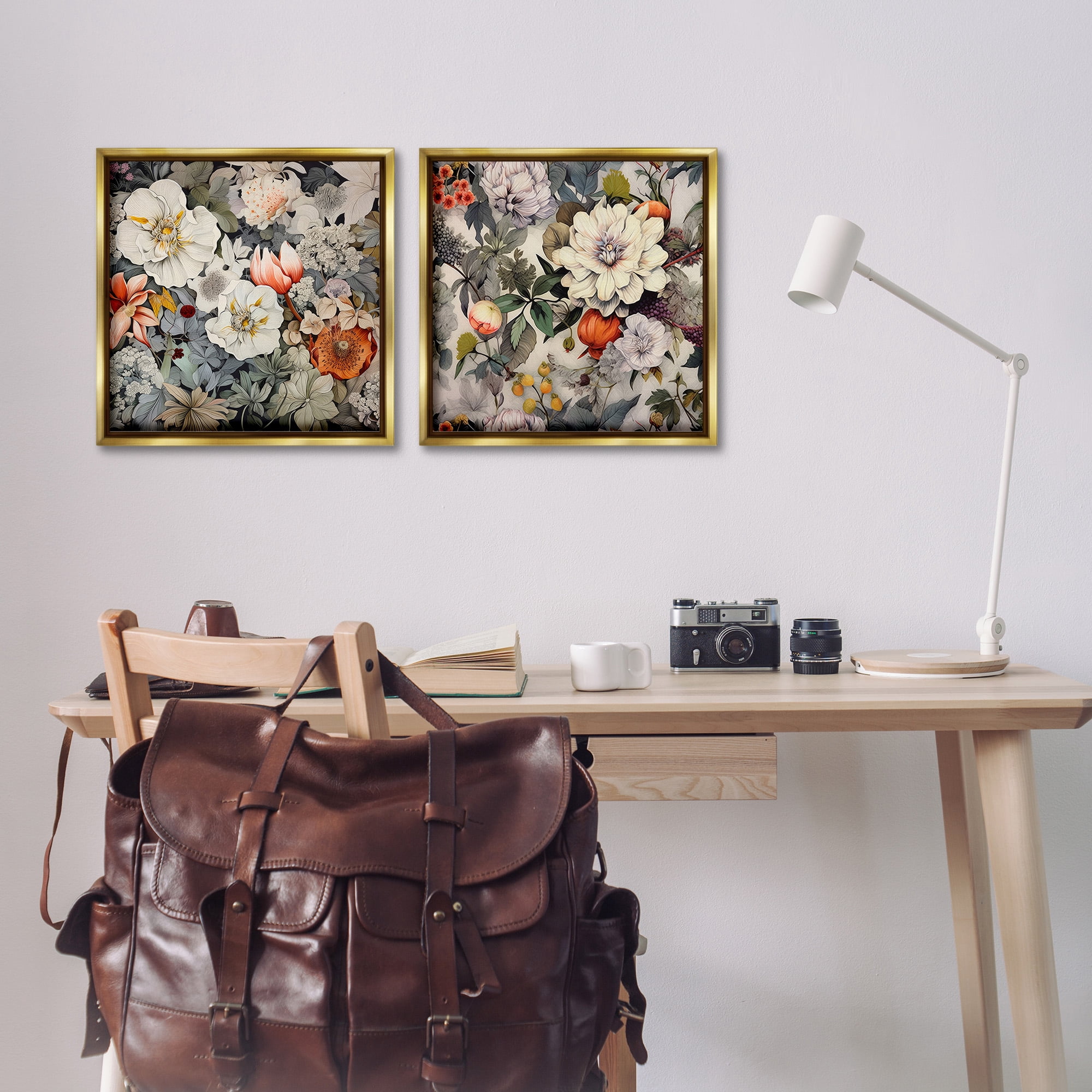 Stupell Industries Vintage Blooms Arrangement Botanical & Floral Painting Gold Floater Framed Canvas Art Print Wall Art, 18 x 18, Set of 2
