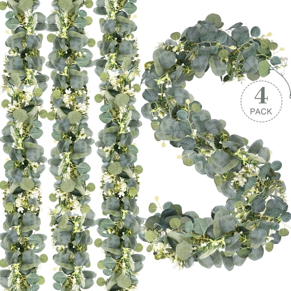 Fake Plants Huryfox 4pack Artificial Eucalyptus Garland – Faux Greenery Vines with Realistic Leaves & White Flowers for Wedding, Home Decor(Indoor/Outdoor)