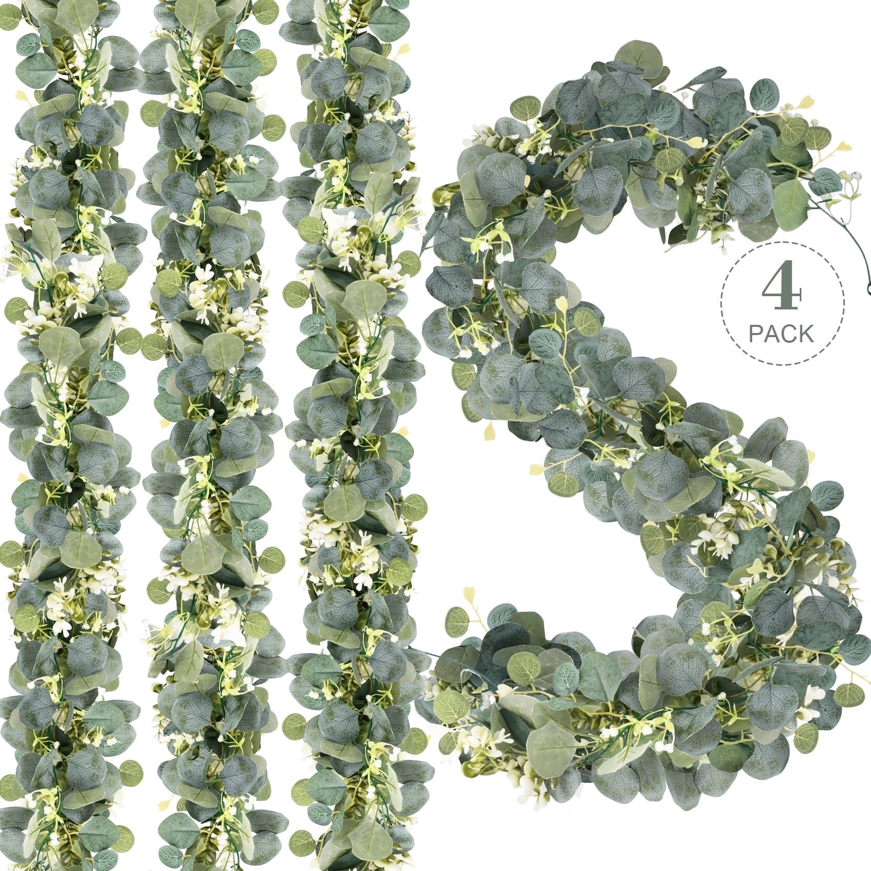Fake Plants Huryfox 4pack Artificial Eucalyptus Garland – Faux Greenery Vines with Realistic Leaves & White Flowers for Wedding, Home Decor(Indoor/Outdoor)