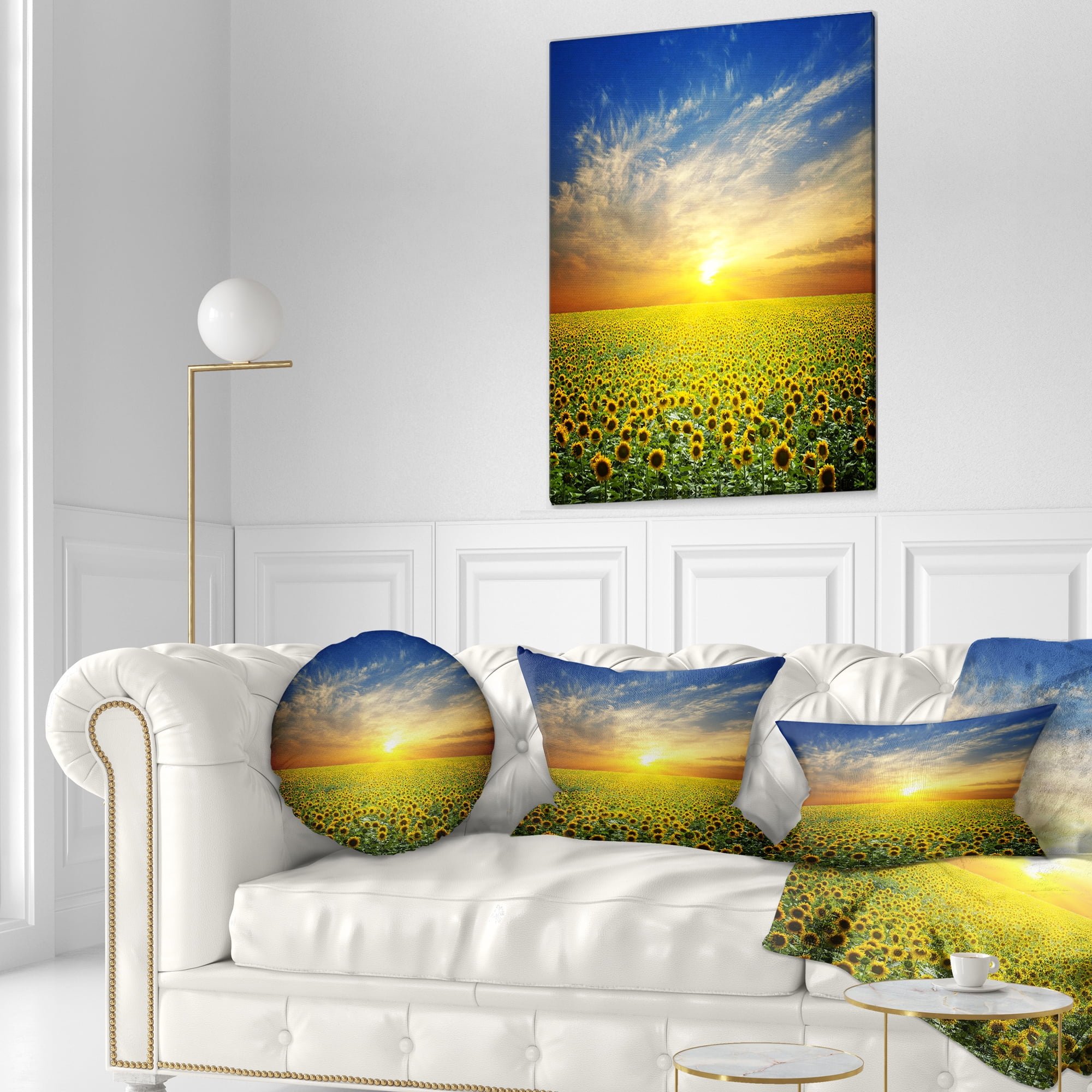 Designart Beauty Sunset over Sunflowers Field - Floral Throw Pillow - 12x20