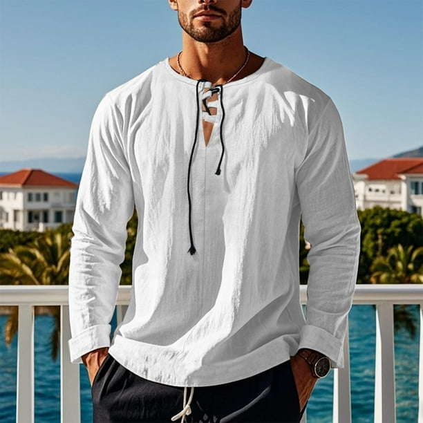 Blusas y camisas de manga larga con cuello en V para hombre, blusa informal de moda lisa con tirantes sueltos, blusa de manga larga con cuello en V, blusa de poliéster para hombre