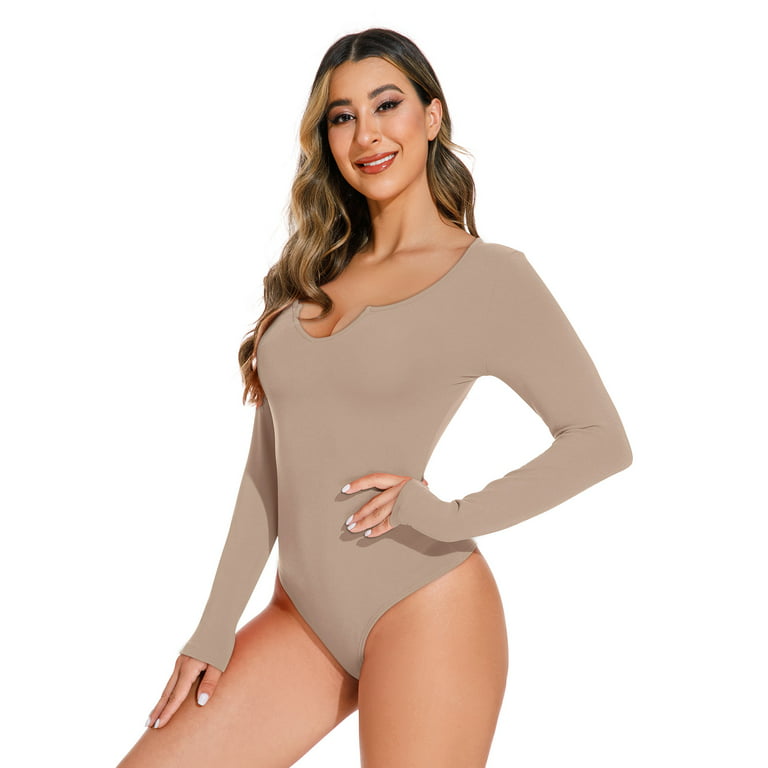  REORIA Women's Sexy Basic V Neck Long Sleeve Body Suits Double  Lined Seamless Slimming Fall Trendy Going Out Thong Bodysuit tops Coffee  Small : Clothing, Shoes & Jewelry