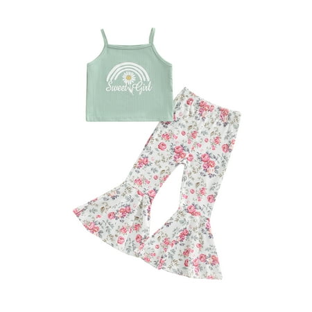 

TheFound Toddler Baby Girls Summer Clothes Sleeveless Rainbow Print Ribbed Crop Top Floral Bell Bottom Pants 2Pcs Outfits