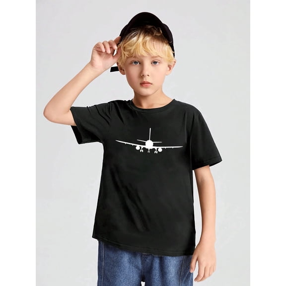 children’s wear Retro Airplane Silhouette Boys Graphic T-Shirt, Cute Aviation Pilot Kids Short Sleeve Tee, Casual Black Cotton Summer Top for Toddler Boys