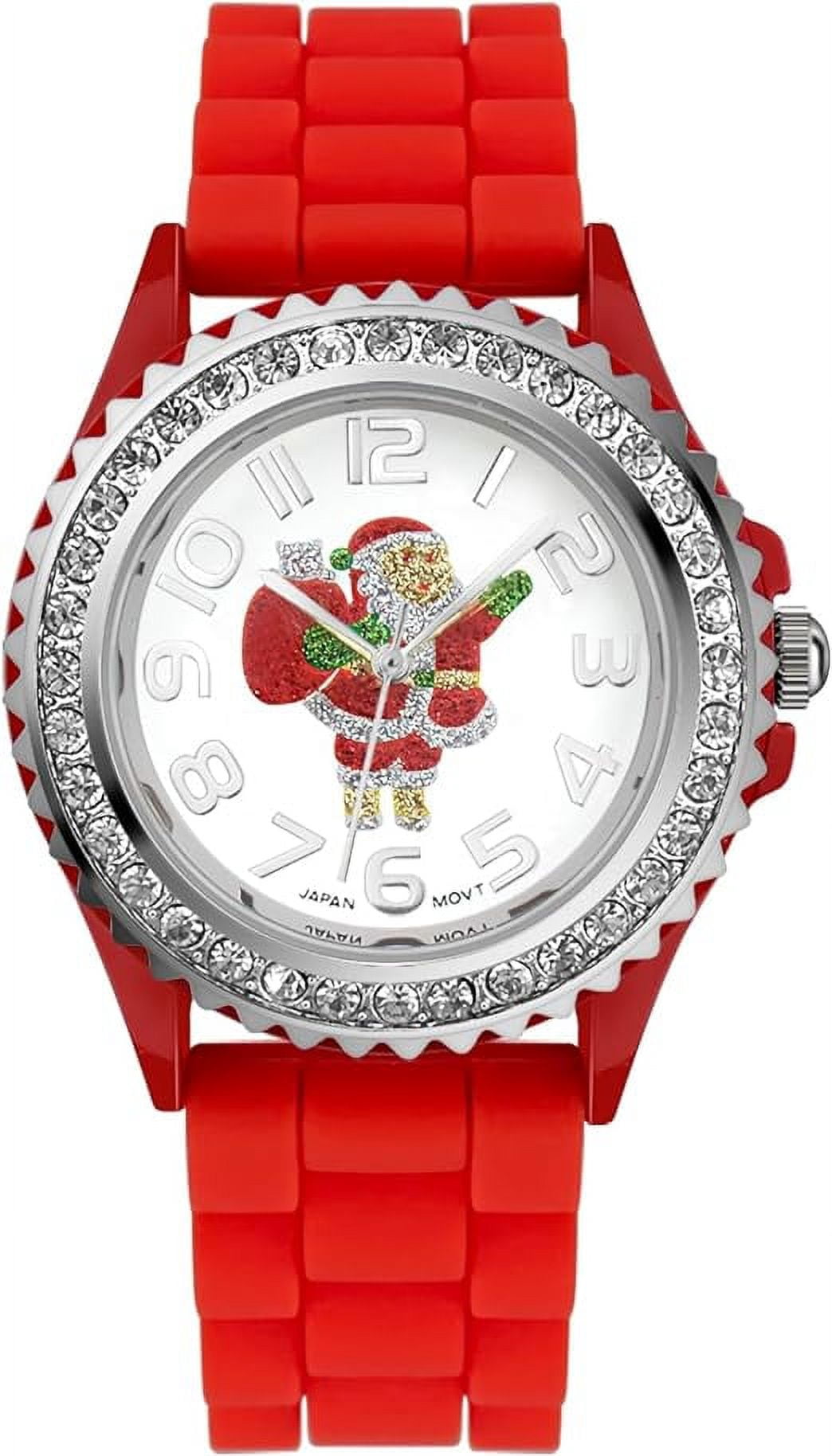 Blekon Christmas Tree Women Watch Crystals Studded Alloy Case Silicone Strap White Dial Santa Claus Analog Watches