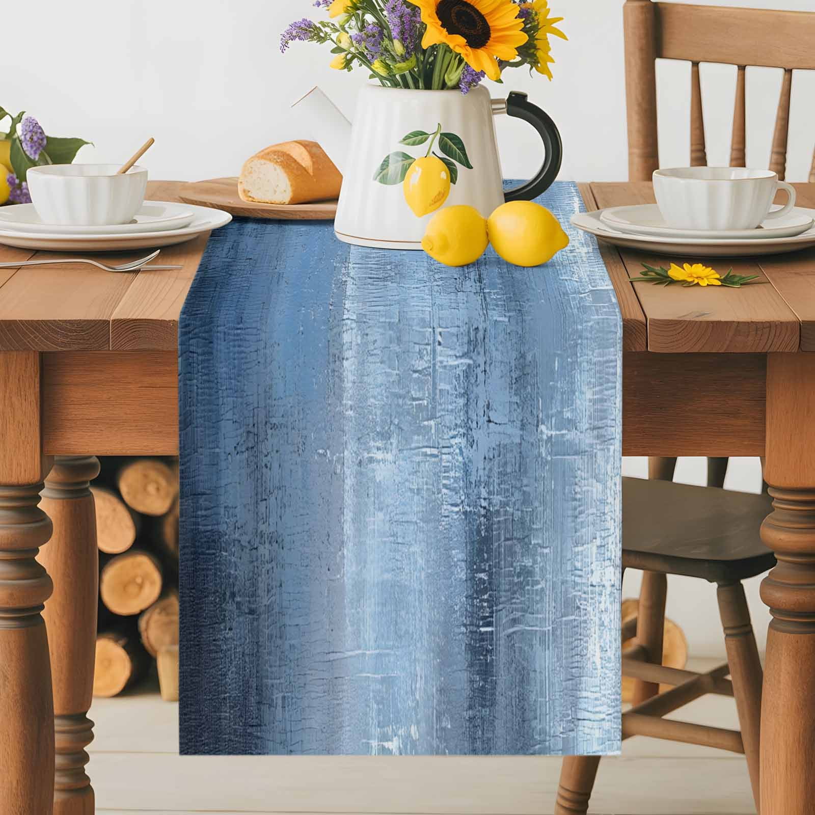 Abstract Blue Grey Oil Painting Table Runner 90 Inches Long, Retro Watercolour Ombre Art Table Runners Tabletop Scarf Kitchen Dining Tables Decoration for Home Party Indoor Outdoor