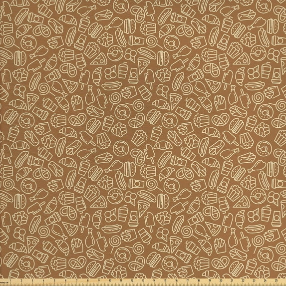 Food Sofa Upholstery Fabric by the Yard, Outline Cartoon of Junk Food Monochrome Design Hamburger Popcorn Cupcake, Decorative Fabric for DIY and Home Accents, Pale Caramel Beige by Ambesonne