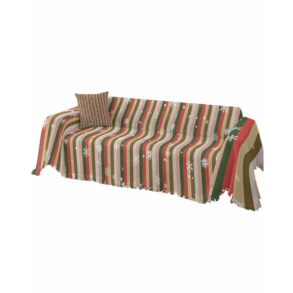 Christmas Sofa Covers for 3 Cushion, Washable Couch Cover for Sectional Sofa Slipcovers with Tassel, Red Green Beige Striped Snowflake Xmas Loveseat Covers Futon Cover Blanket 71''x118''