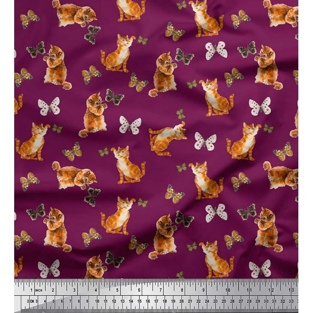 Soimoi Pink Cotton Poplin Fabric Insect & Cat Animal Print Sewing Fabric BTY 42 Inch Wide
