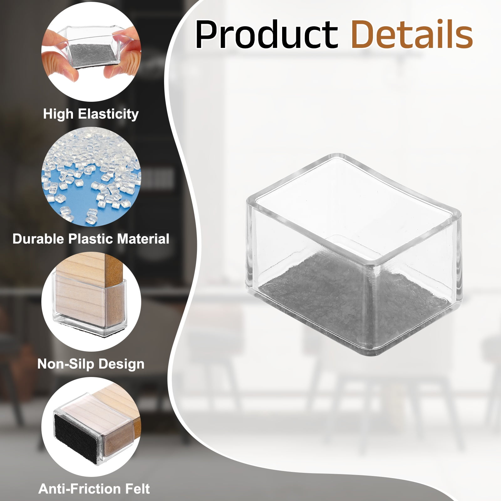 Uxcell 28Pcs Rectangle Chair Leg Protectors, 1.57x1.18" & Felt Furniture Chair Leg Cover Caps for Hardwood Floors Elastic Scratch Reduce Noise Covers Furniture Pads, Clear Black