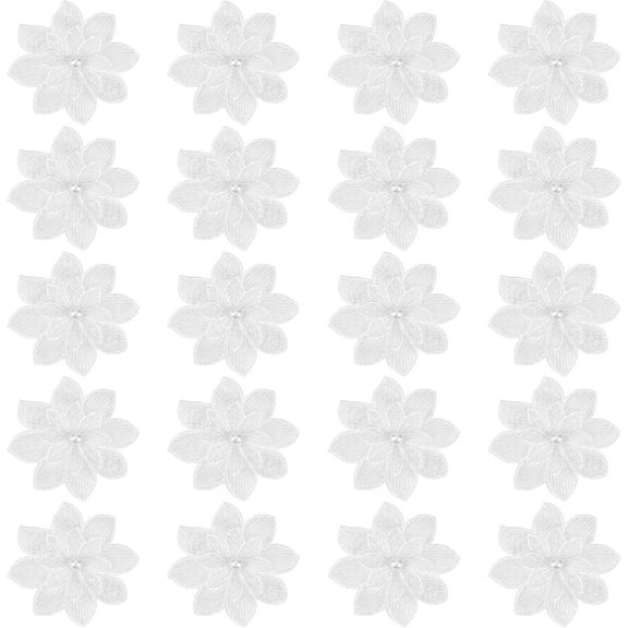 20Pcs White Embroidery Flowers Sew On Patches 3D 2 Layers 8-Petal Lace Flower with Imitation Pearl Lace Embroidered Appliques for Wedding Bridal Dress Embellishment DIY Sewing Crafts DIY