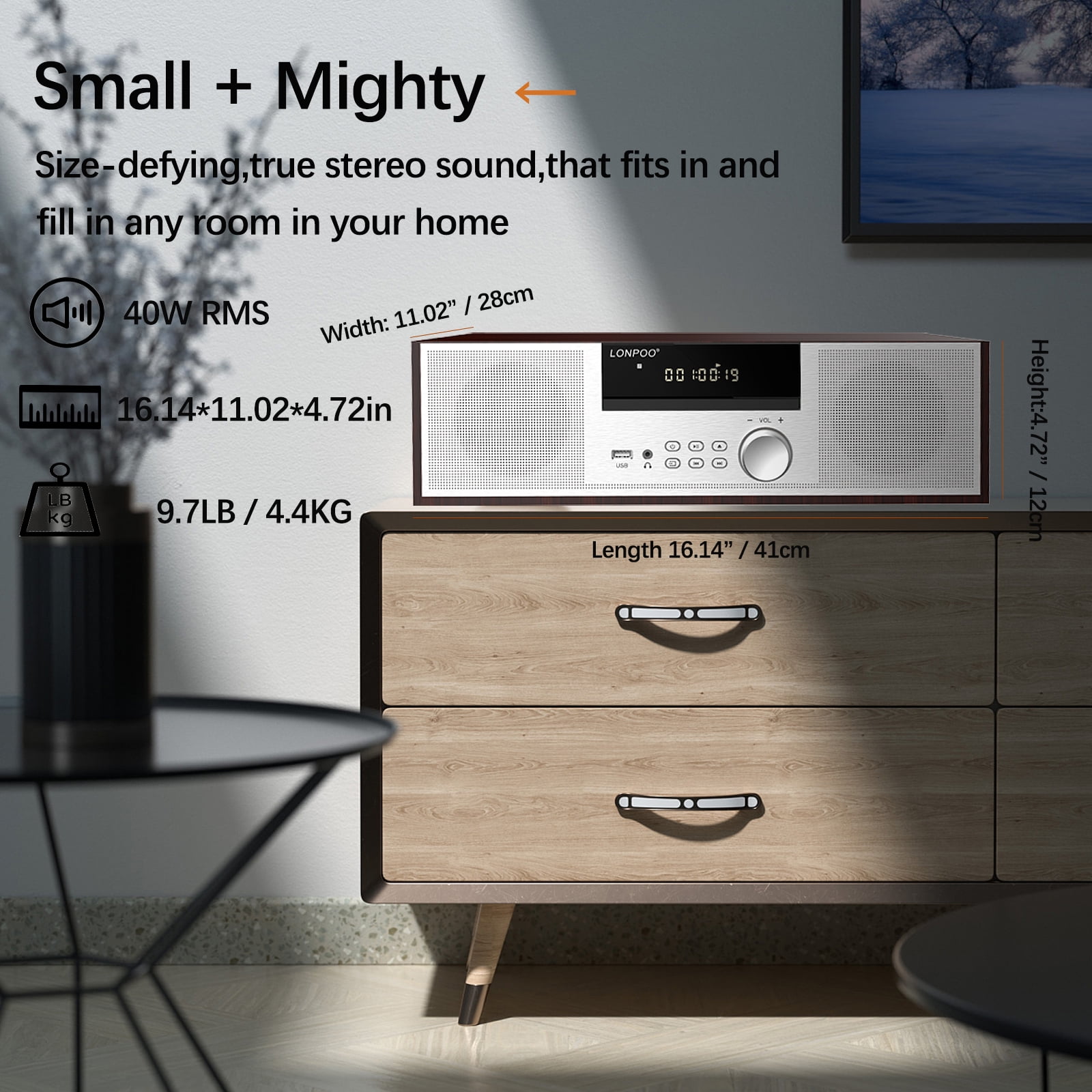 LONPOO LP-816 Bluetooth Home Stereo System, 40 Watts RMS CD