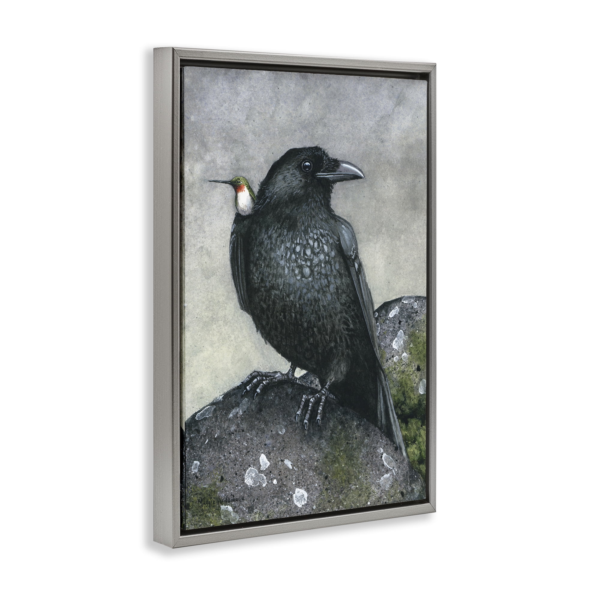 Stupell Industries Crow & Hummingbird Perched Animals & Insects Painting Gray Floater Framed Canvas Art Print Wall Art, 17 x 25