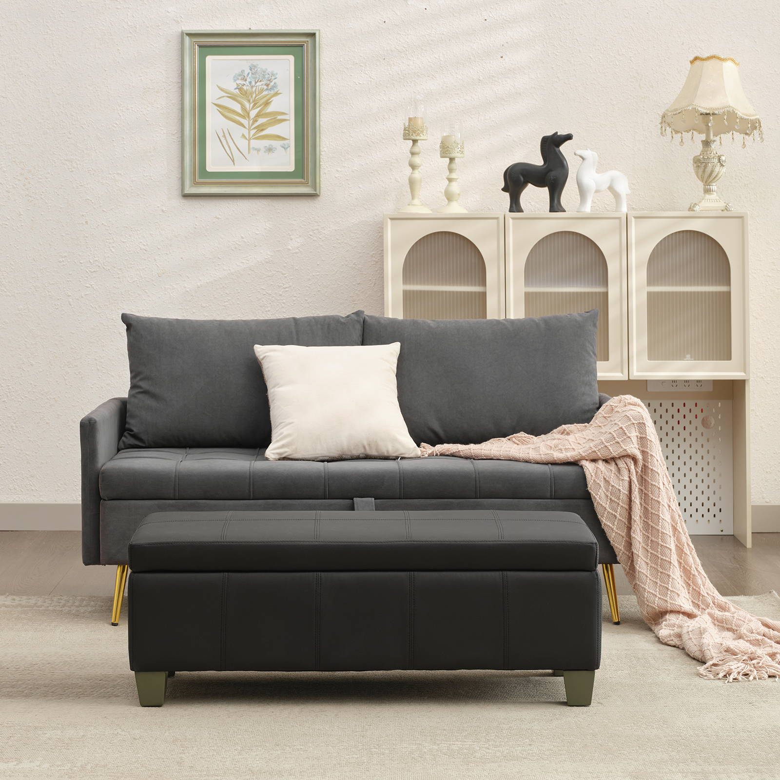 Foredo Rectangle Ottoman with Storage, Modern Faux Leather Bench with Solid Wood Legs, Ottoman for Living Room, Bedroom and Entryway, Black