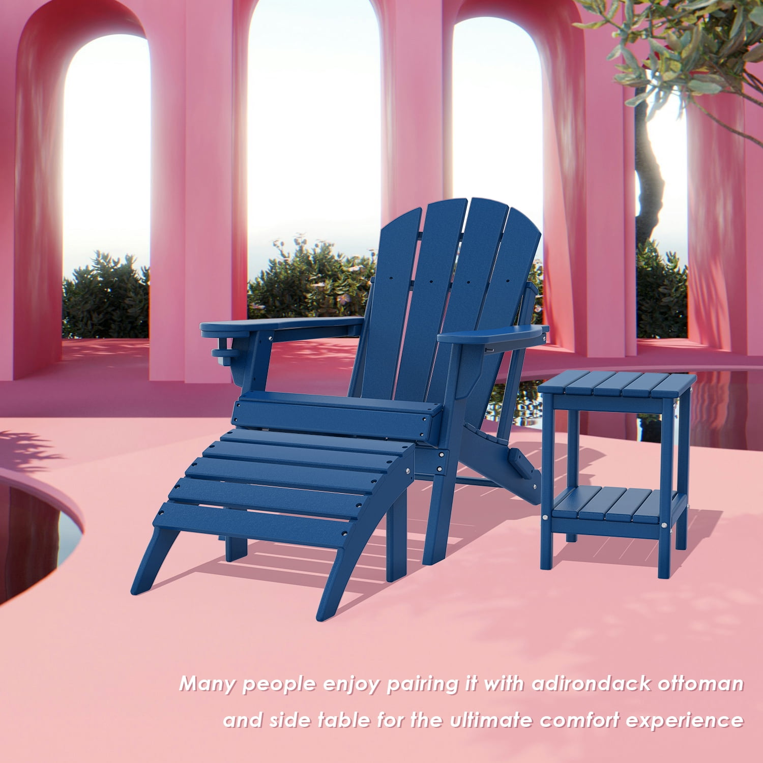 Pipopa Outdoor Folding HDPE Adirondack Chair Set of 2 with Cup Holder,All-Weather Patio Chair for Garden,Backyard,Pool,Blue