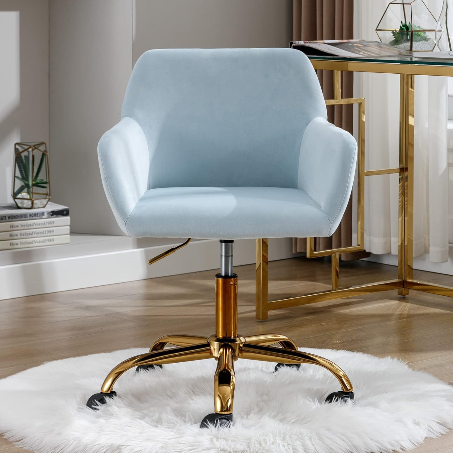 KCC Velvet office Desk Chair Teens Velvet High Back Home Makeup Adjustable Swivel Armchair, Blue