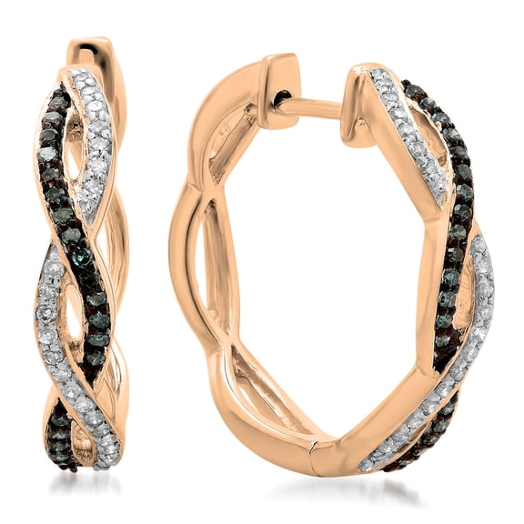 0.25 Carat (ctw) 14K Rose Gold Round Blue & White Diamond Ladies Twisted Swirl Hoop Earrings 1/4 CT