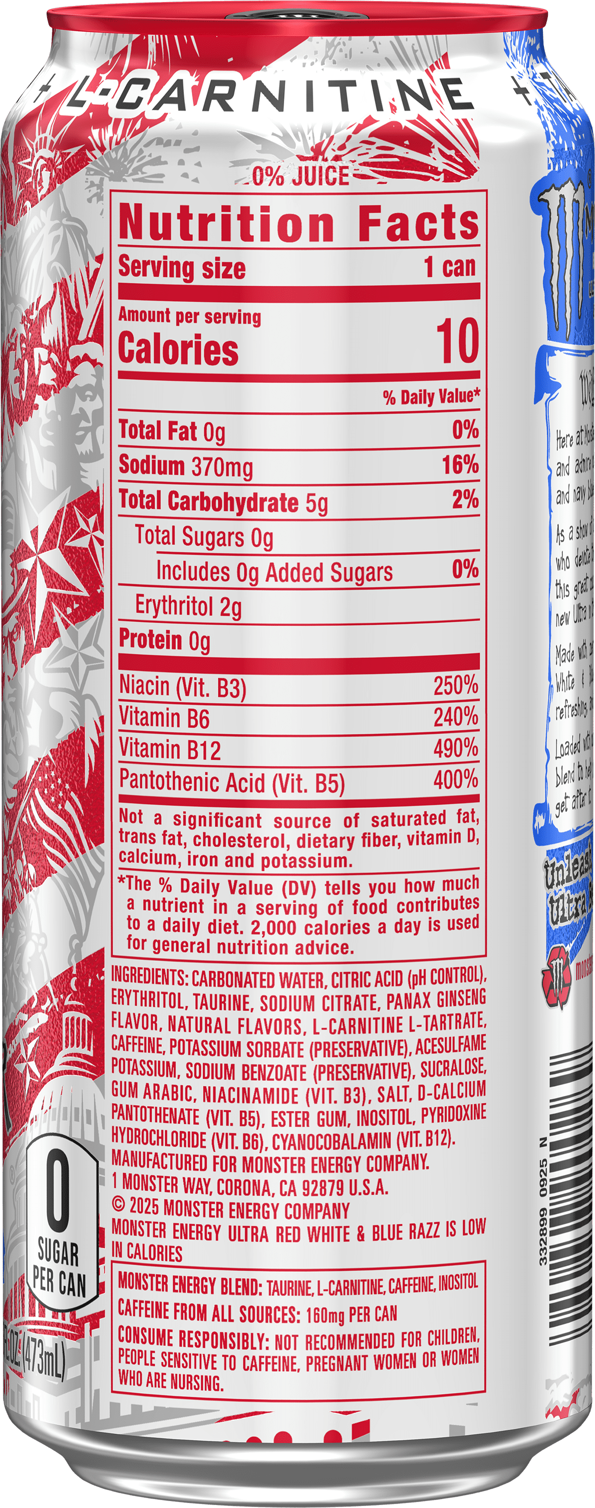 Monster Energy, Ultra Red, White, Blue Razz, Energy Drink, 16 fl oz, Can