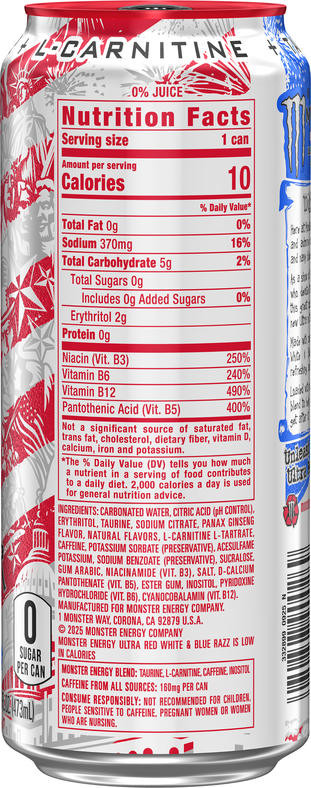 MONSTER ENERGY, ULTRA RED, WHITE, BLUE RAZZ, ENERGY DRINK, 16 FL OZ, CAN