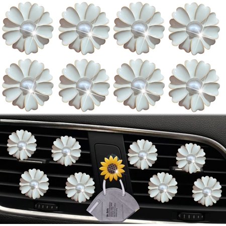 8 Pcs Pearl Flower Air Vent Clips, Cute Daisy Car Air Fresheners Vents Clips Car Diffuser Vent Clip Glam Car Interior Decor Charm Car Decoration Daisy Cute Car Accessories for Women (White)