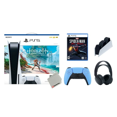 Sony Playstation 5 Disc Horizon Forbidden West Bundle with Extra Starlight Blue Controller, Black PULSE 3D Headset, Spider-Man: Miles Morales and Charging Station