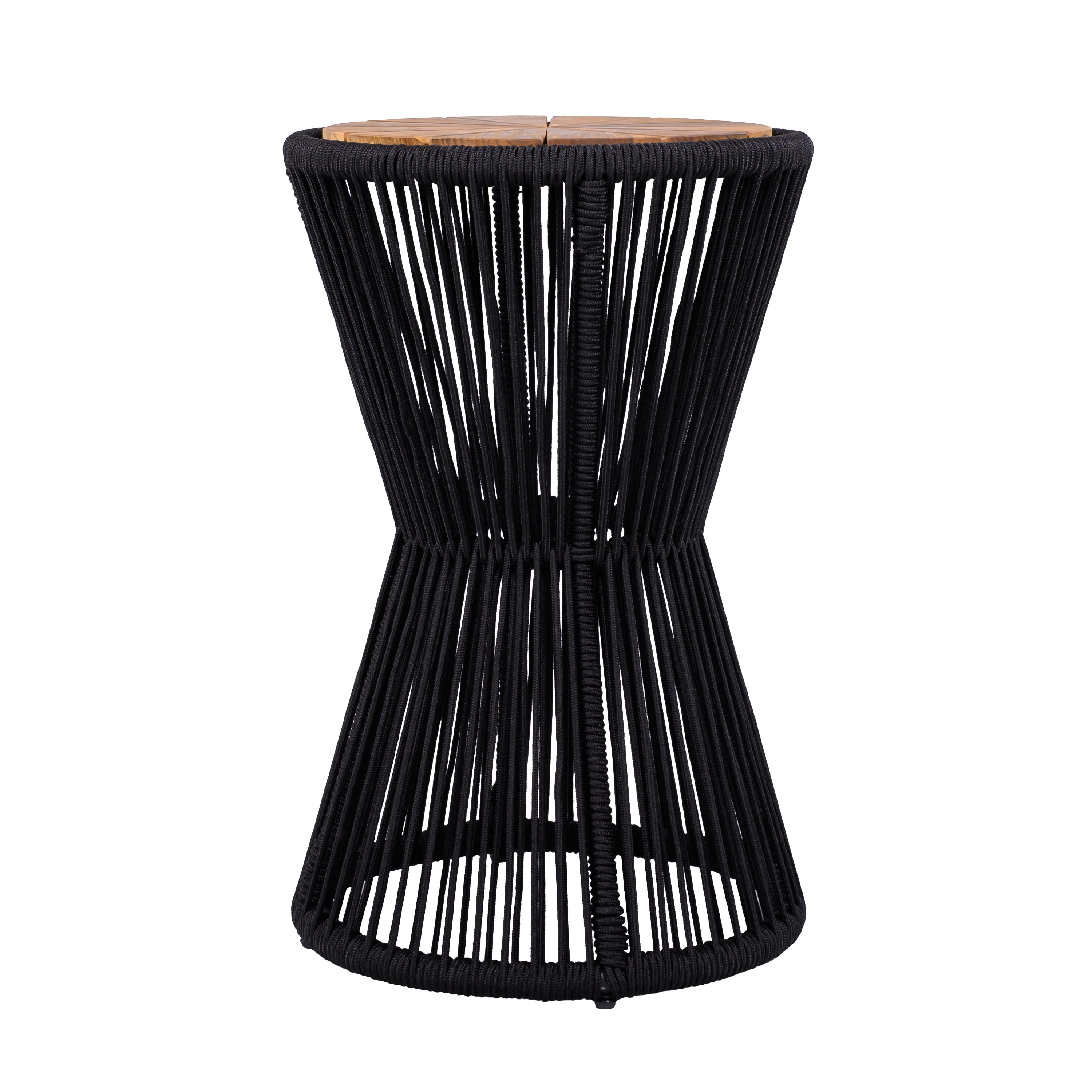 Side Table, Outdoor Black Rope and Acacia Wood Hourglass Design Table for Patio Deck, Teak