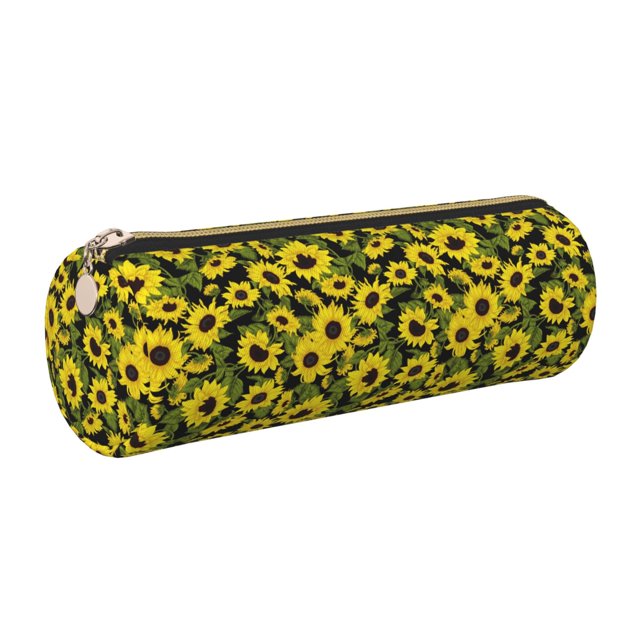 Easygdp Sunflowers In Vintage para Estuche de Lápices Cilíndrico de Cuero con Cremallera, Organizador de Lápices de Cuero para Escuela, Oficina y Viajes