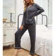 thumbnail image 3 of Conjunto de pijama para mujer, 2 piezas, color puro, manga larga, botones, cintura elástica, pantalones, ropa de dormir, ropa de descanso, gris oscuro M, 3 of 6