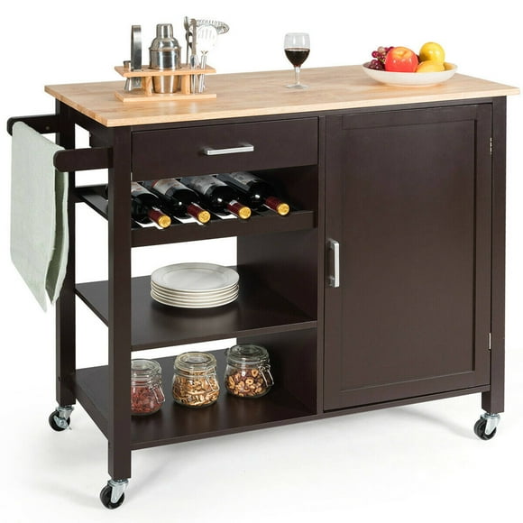 Costway 4-Tier Wood Kitchen Island Trolley Cart Storage Cabinet w/ Wine Rack & Drawer