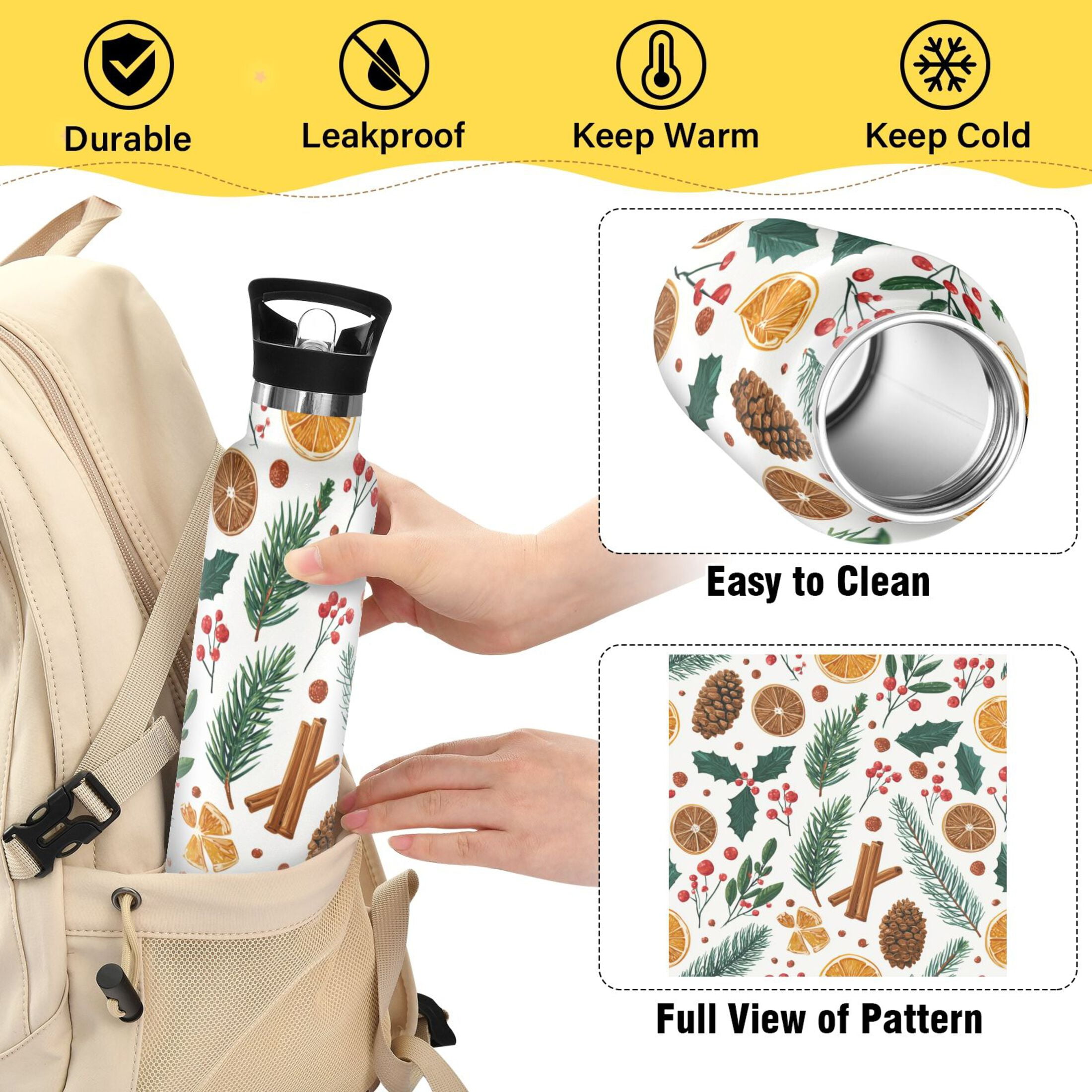 Kids Insulated Stainless Steel Sports Water Bottle 600ml (20oz) Christmas Spices and Holly Leaves