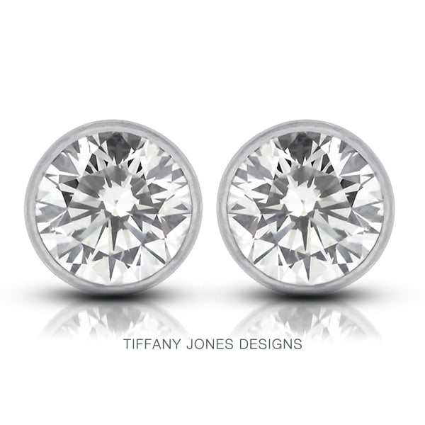 1.02ct tw J-SI3 Ex Round Cert Diamonds 14k Bezel Set Modern Style Earrings 1.1g 