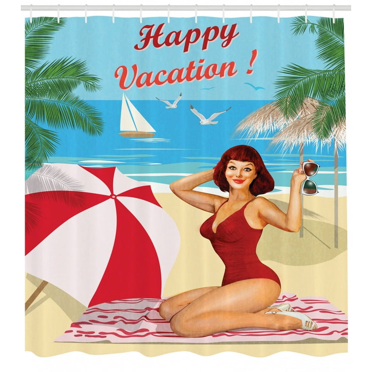 Pin up Girl Shower Curtain, Realistic Illustration of a Woman in Bathing  Suits and Happy Vacation Lettering, Fabric Bathroom Set with Hooks, 69W X  84L