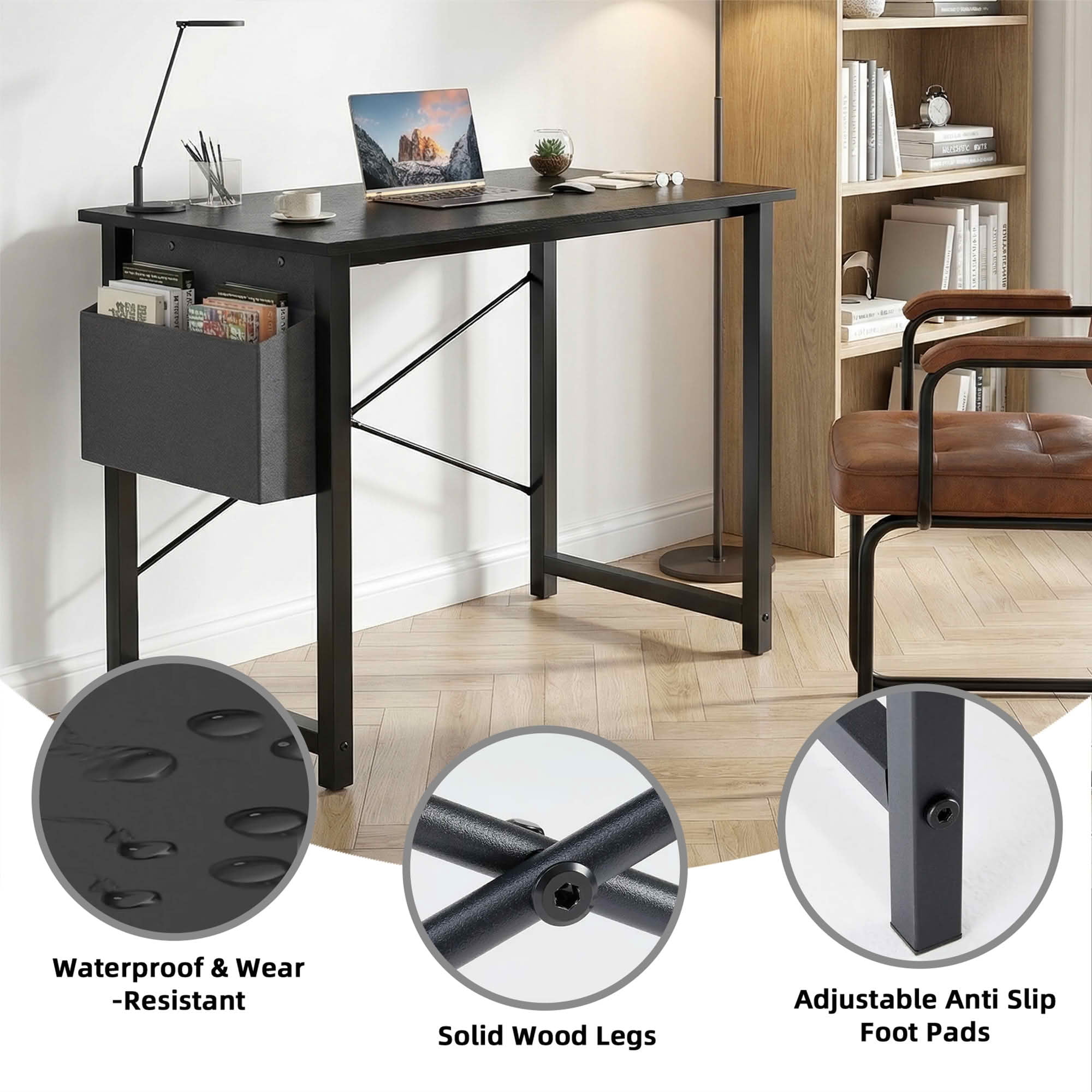 MAYEERTY Office Computer Desk, Fabric Storage Bag, Sturdy Steel Frame & Wooden Tabletop