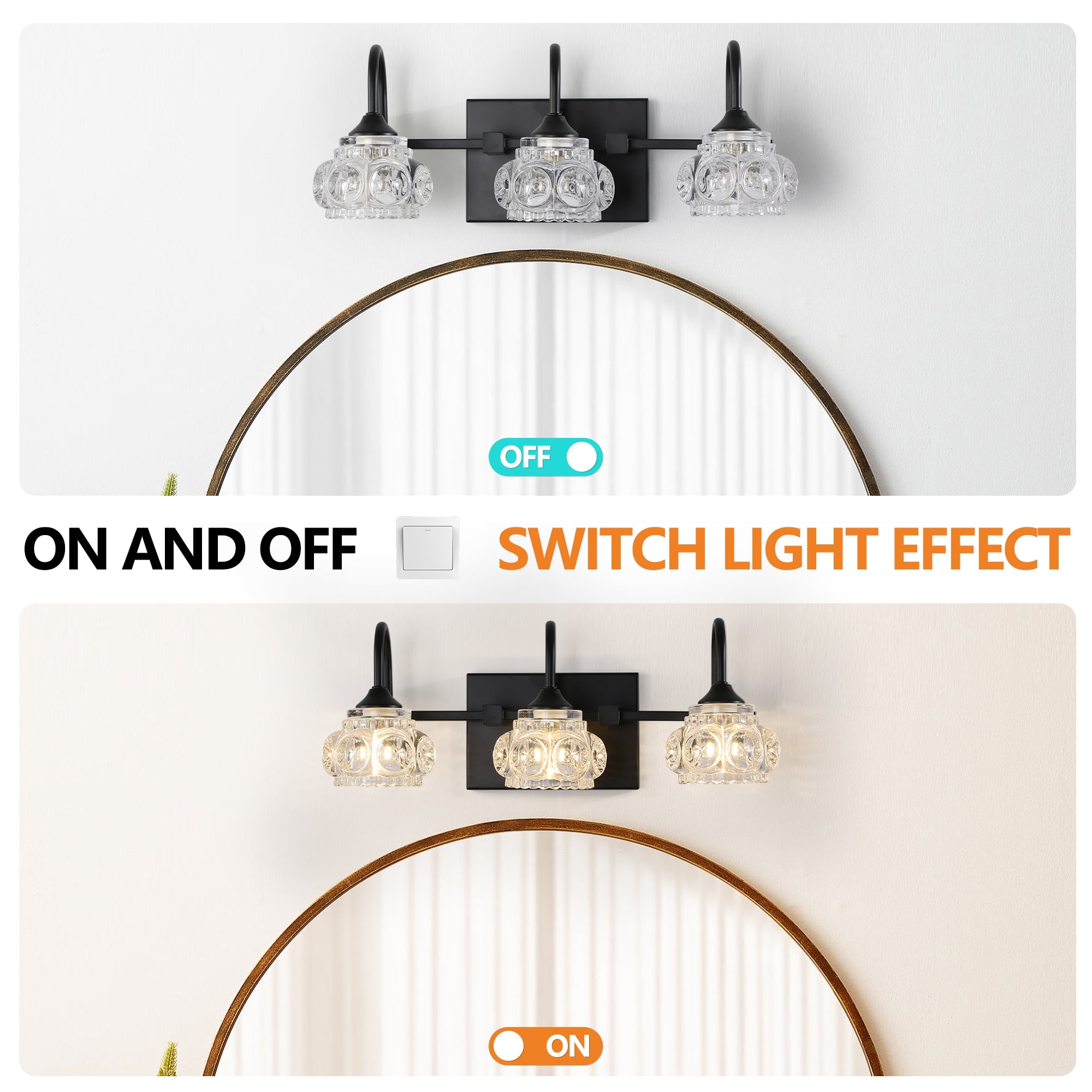 3-Light Bathroom Vanity Light, 17.3 Inch with Crystal Glass Shades, Dimmable, Matte Black Modern