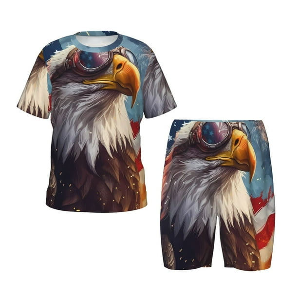Fotbe Bald Eagle Pilot Pijama Estampada de 2 Piezas para Niños – Ropa de Dormir de Manga Corta Cómoda para Niños y Niñas, Camiseta y Shorts de Algodón-Large