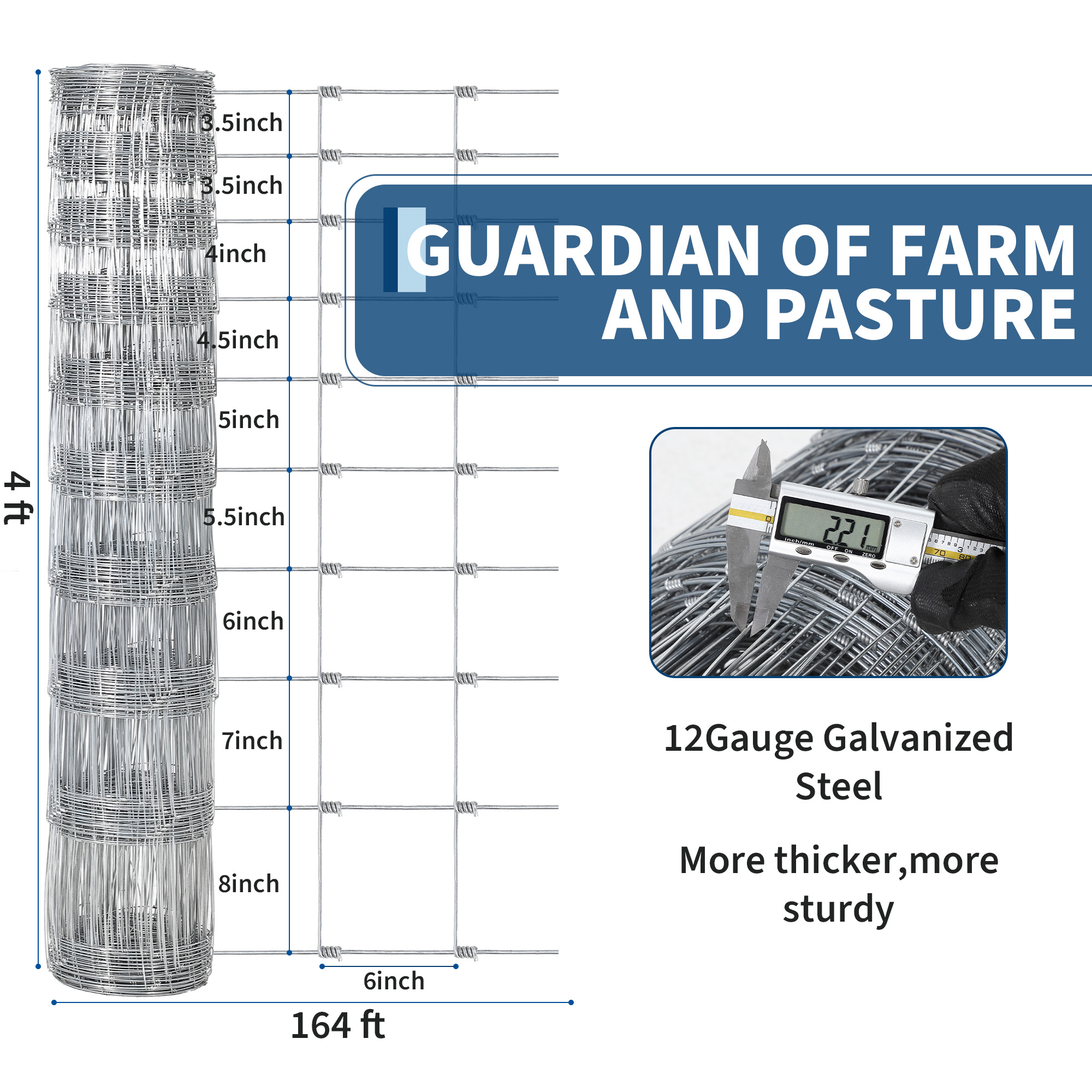 Gaderth 6Ft x 100Ft Heavy-Duty Galvanized Wire Livestock Fence, Durable Metal Mesh for Cattle, Goat & Deer Protection, Corrosion-Resistant Farm & Yard Barrier