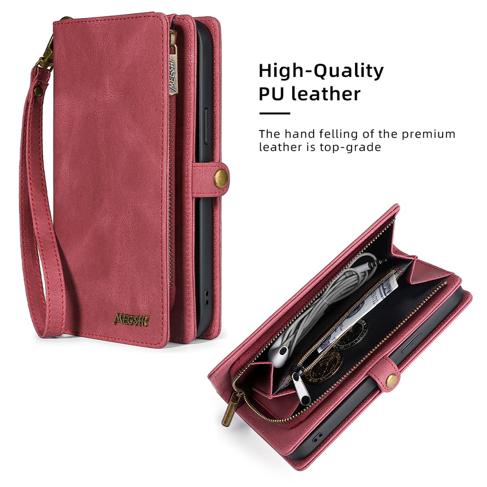 for iPhone 14 Pro Max Wallet Case, Durable PU Leather 2-in-1 Detachable Magnetic Flip Phone Case for iPhone 14 Pro Max Case Wallet with Card Holder Slots Zipper Pouch for Women Men,Red